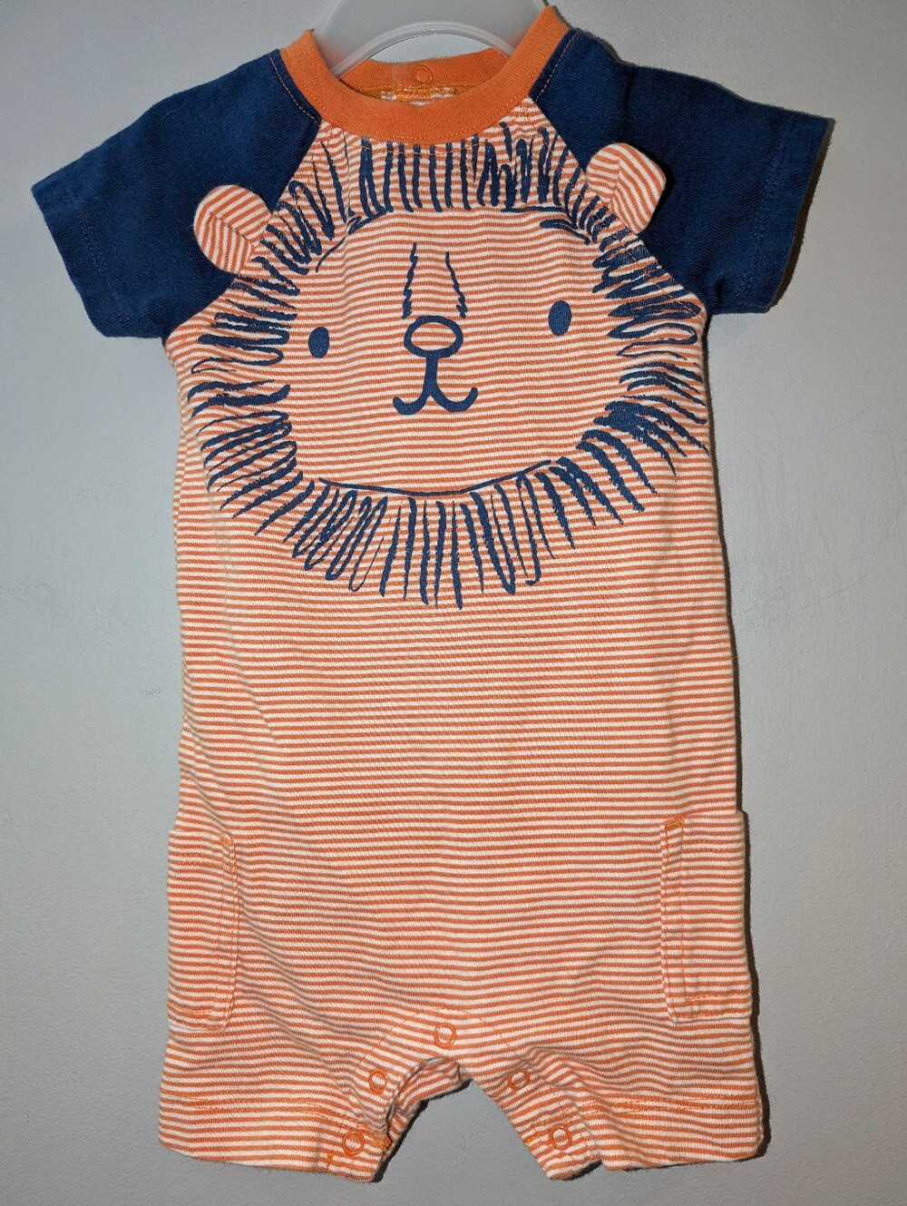 🦁 Gymboree Orange Navy Striped Lion Short Sleeved Romper Baby Boys 3-6 Months